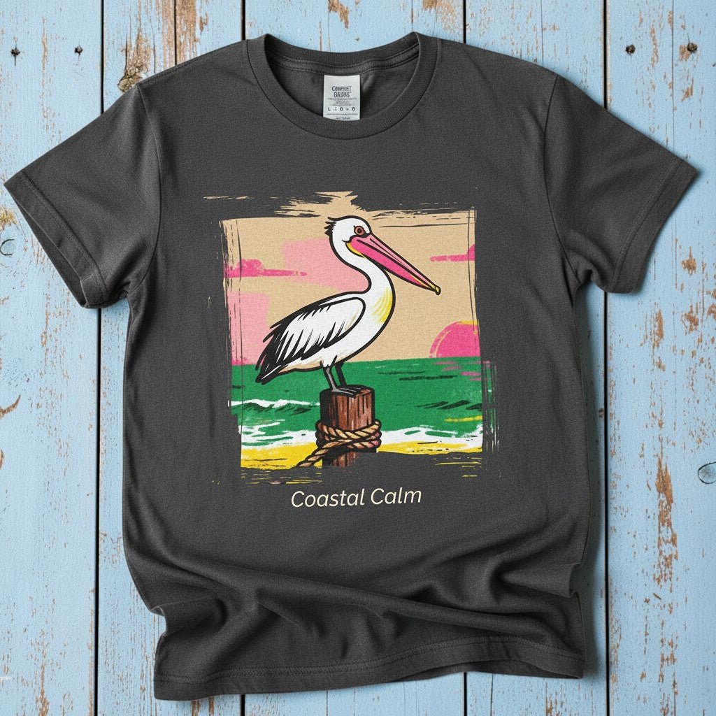 Pelican Sunset Coastal Calm graphite garment-dyed tee on faded driftwood planks
