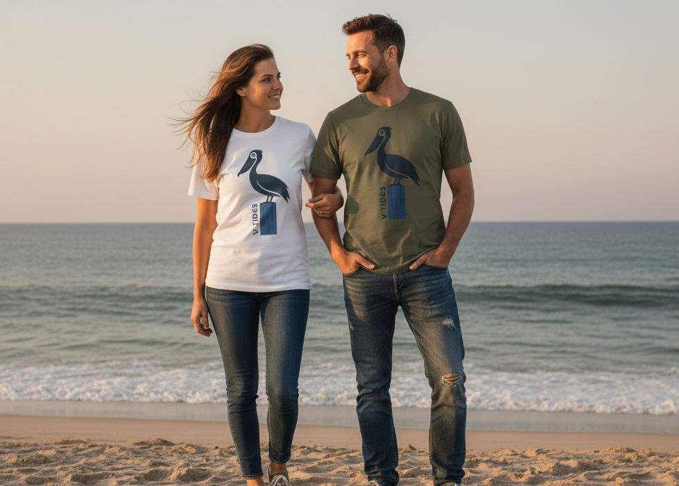 Man and woman standing on a beach wearing t-shirts with bird designs.