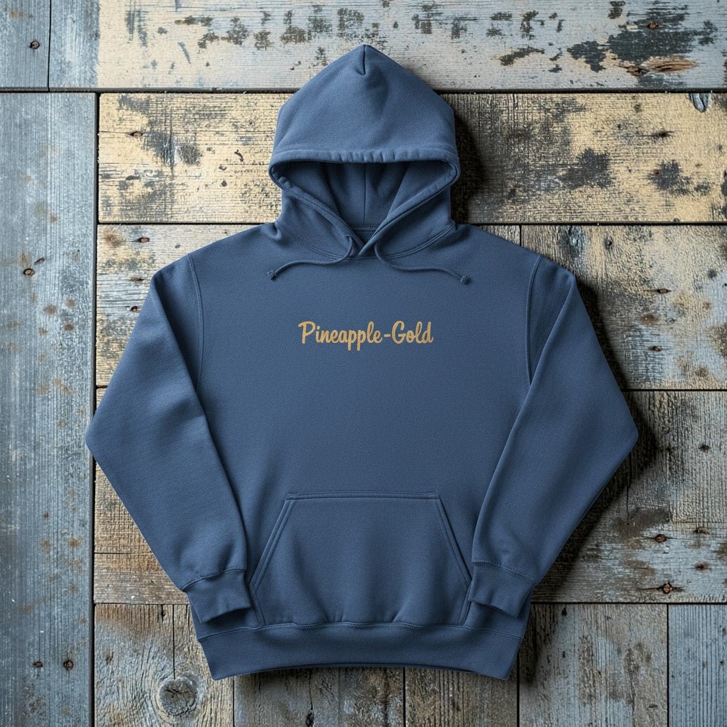 Pineapple-Gold Hoodie in True Navy — front chest graphic, warm sand studio background
