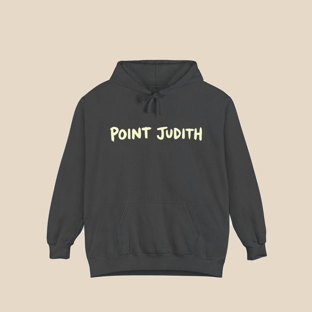Point Judith true navy hoodie close-up of graphic — coastal town graphic pullover by Five Tides Apparel