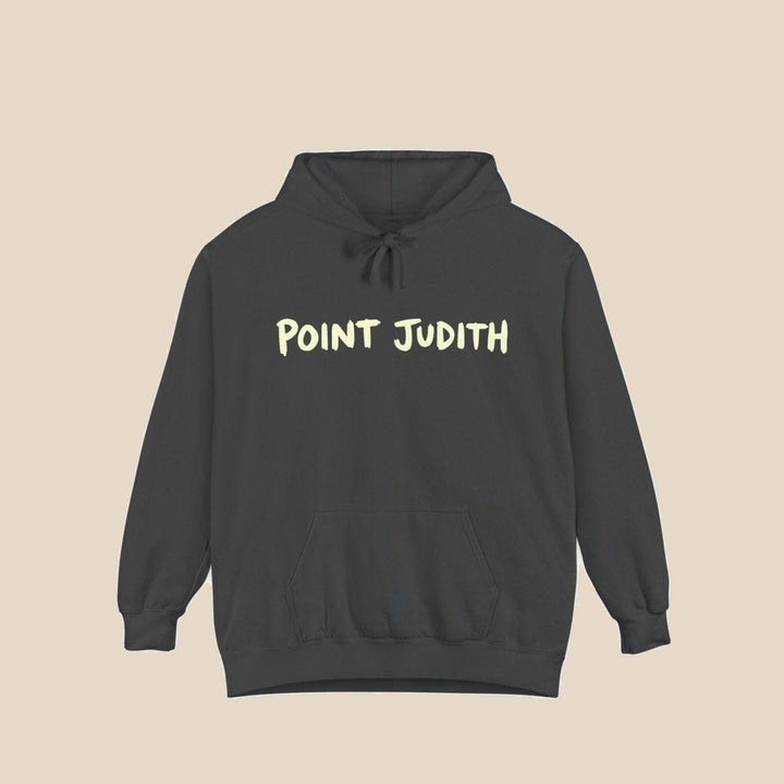 Point Judith true navy hoodie close-up of graphic — coastal town graphic pullover by Five Tides Apparel