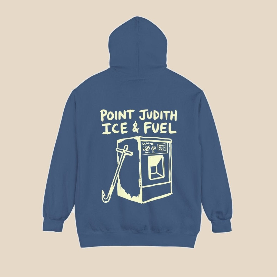 Point Judith pepper hoodie flat lay — coastal town graphic pullover by Five Tides Apparel