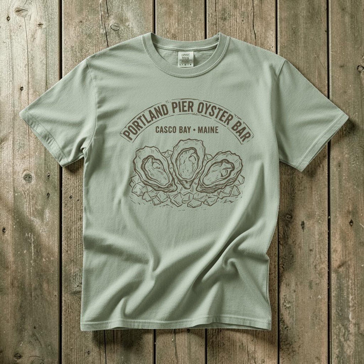 Portland Pier Oyster Bar Casco Bay Maine vintage seafood graphic t-shirt in Bay light green casually tossed