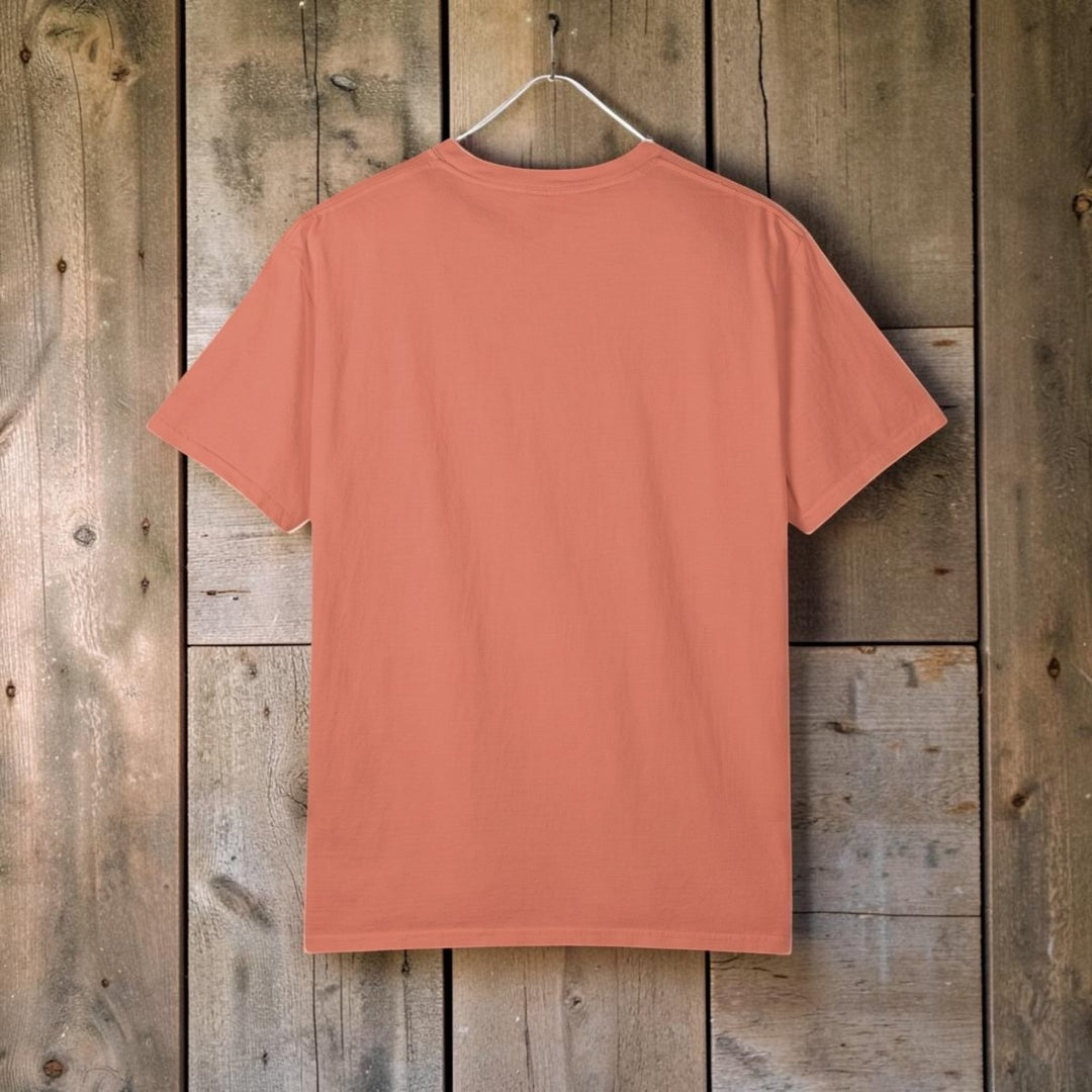 Back view of a FIVE TIDES APPAREL garment-dyed terracotta heavyweight cotton t-shirt with a relaxed fit.