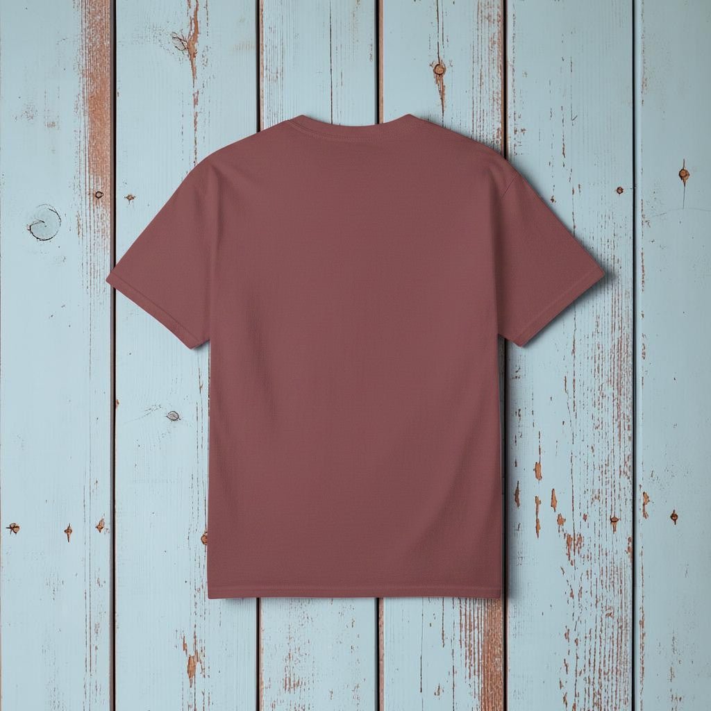 Prickly Lodge Pineapple Tee in Brick — plain back, warm sand studio background