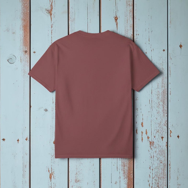 Prickly Lodge Pineapple Tee in Brick — plain back, warm sand studio background