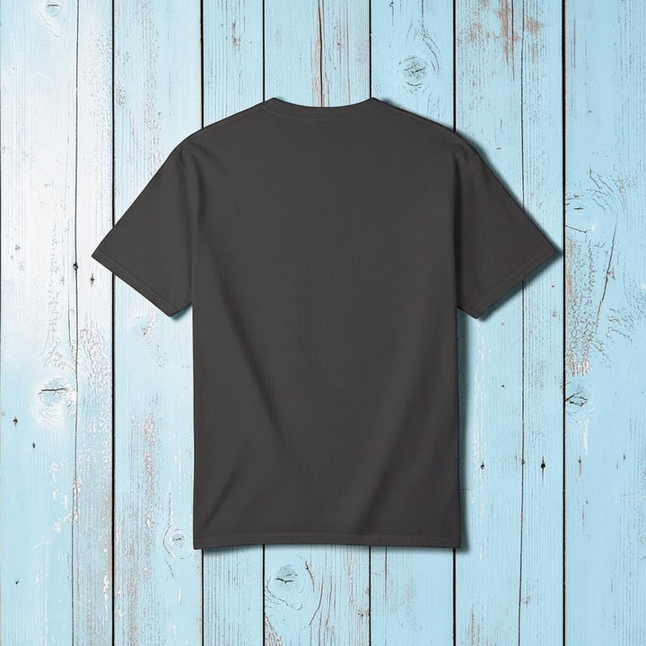 Prickly Lodge Pineapple Tee in Graphite — plain back, warm sand studio background