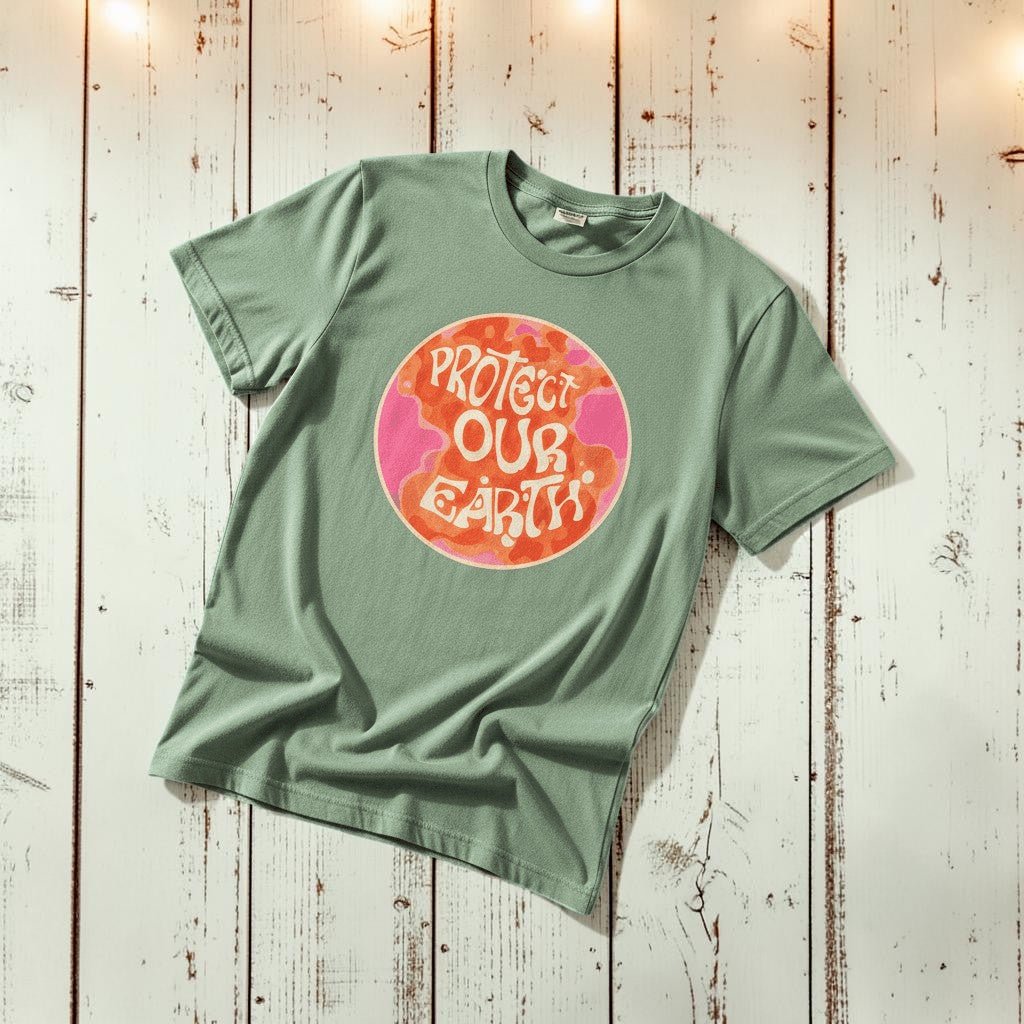 Protect Our Earth Dystopia light green garment-dyed tee tossed on retro-grunge driftwood planks