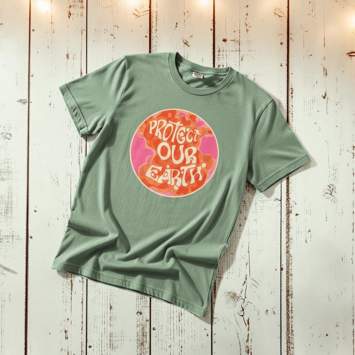 Protect Our Earth Dystopia light green garment-dyed tee tossed on retro-grunge driftwood planks