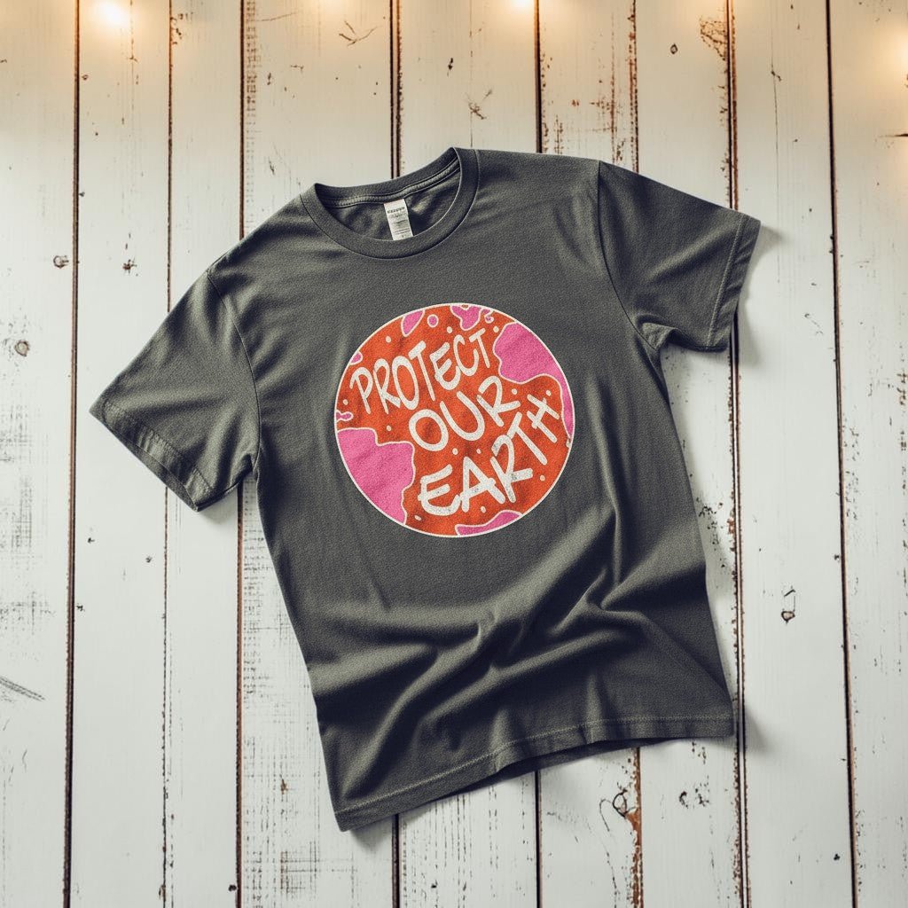 Protect Our Earth Dystopia pepper garment-dyed tee tossed on retro-grunge driftwood planks