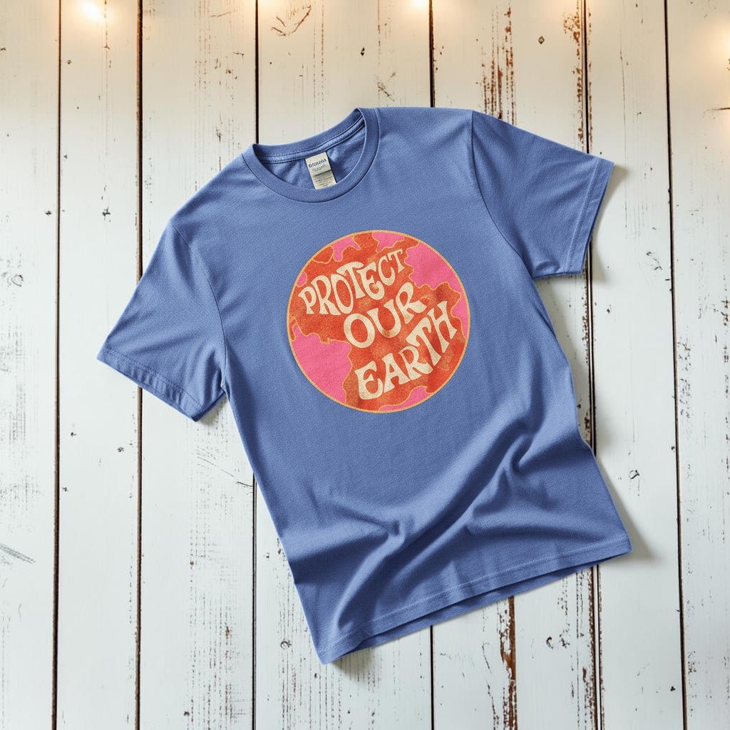 Protect Our Earth Dystopia mystic blue garment-dyed tee tossed on retro-grunge driftwood planks
