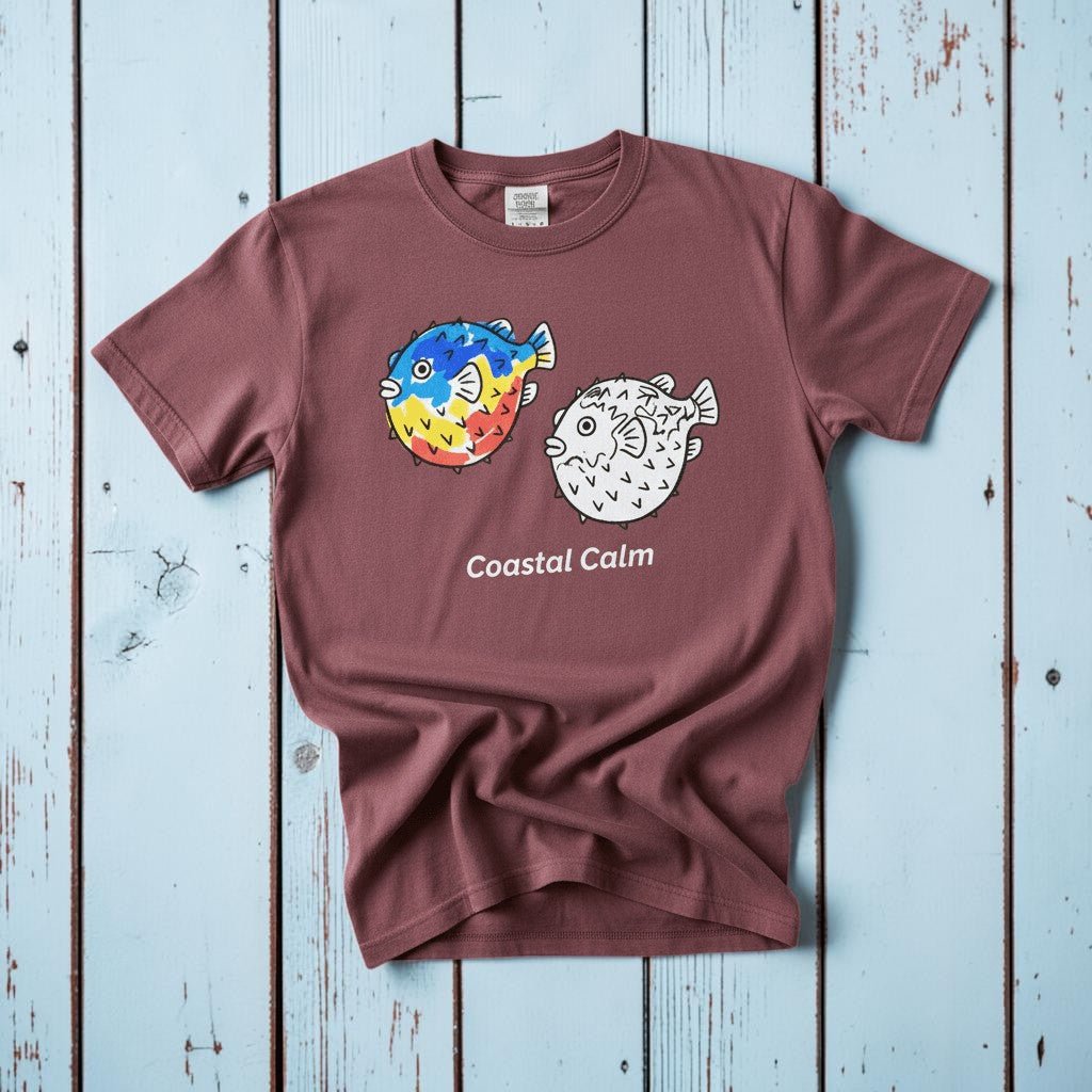 Puffer Fish Coastal Calm brick garment-dyed tee on faded driftwood planks