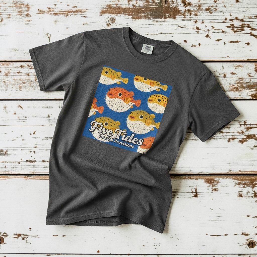Puffer Fish Retro graphite garment-dyed tee casually tousled on rustic reclaimed wood