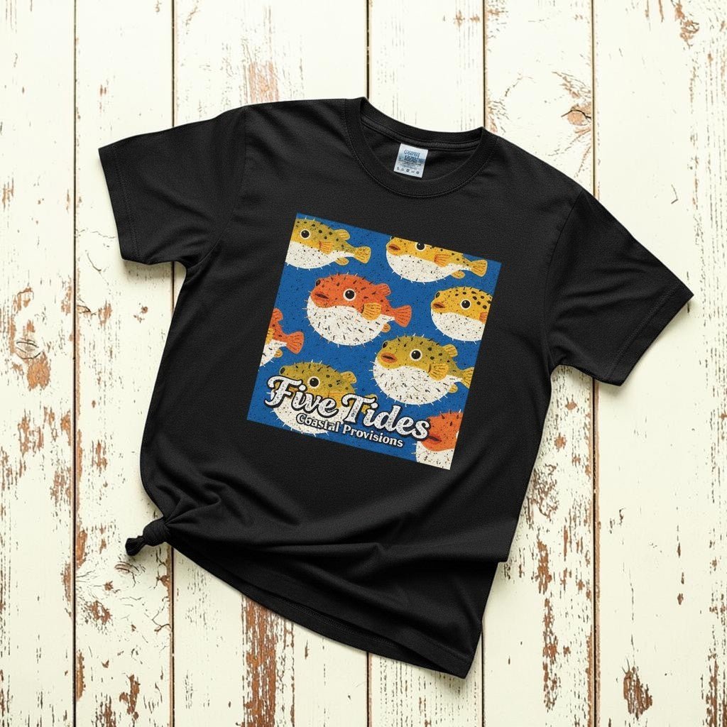 Puffer Fish Retro black garment-dyed tee casually tousled on rustic reclaimed wood
