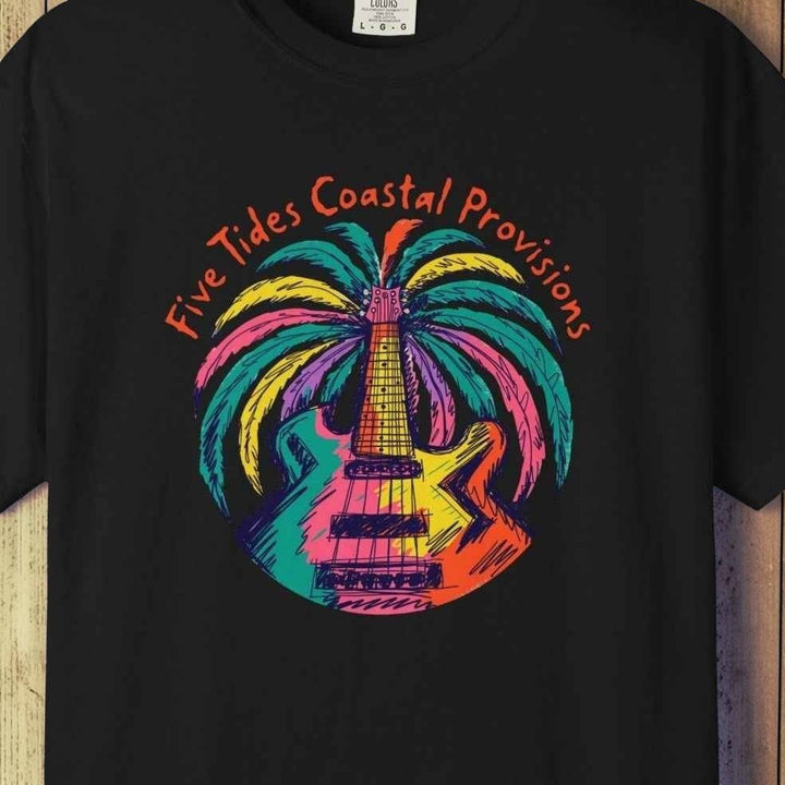 Guitar Palm Tree Graphic Art T‑Shirt - Five Tides Coastal Provisions Beach Vibe Cotton Tee