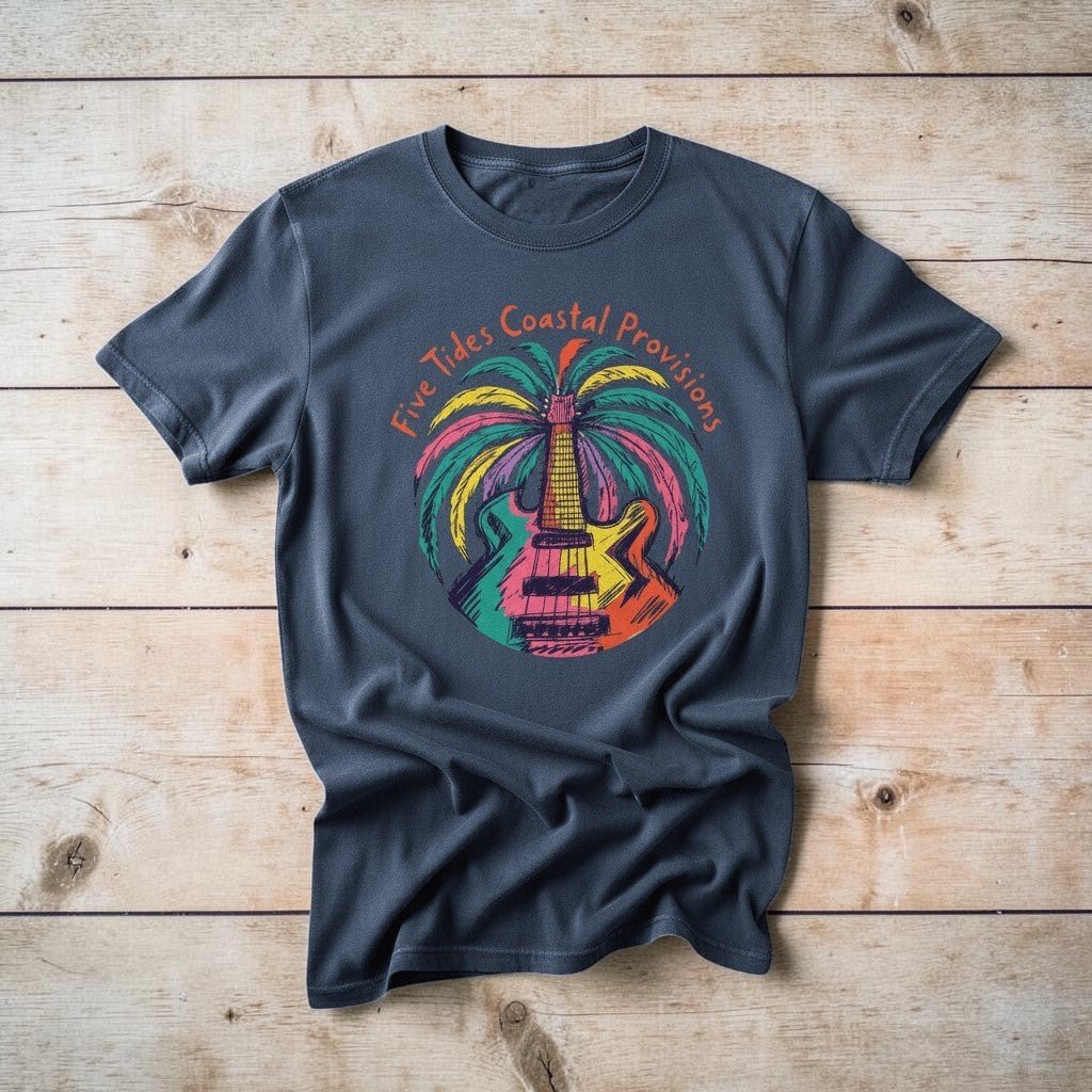 Rainbow Guitar Palm Tree midnight garment-dyed tee casually tousled on rustic reclaimed wood