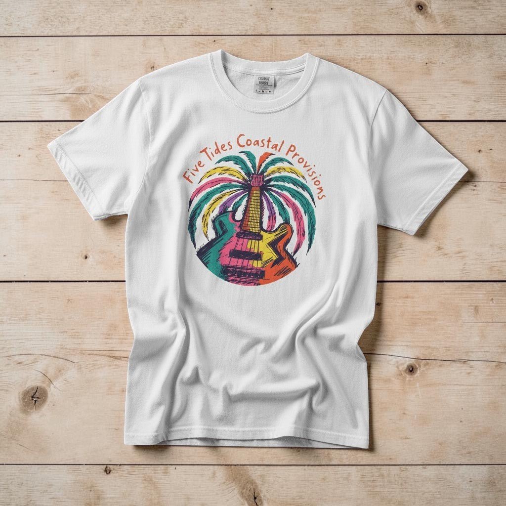 Rainbow Guitar Palm Tree white garment-dyed tee casually tousled on rustic reclaimed wood