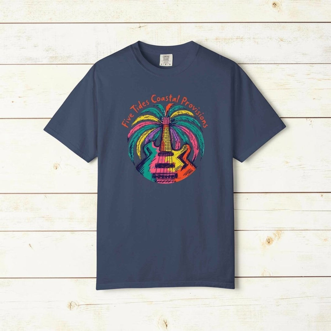 Guitar Palm Tree Graphic Art T‑Shirt - Five Tides Coastal Provisions Beach Vibe Cotton Tee