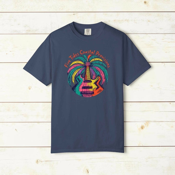 Guitar Palm Tree Graphic Art T‑Shirt - Five Tides Coastal Provisions Beach Vibe Cotton Tee