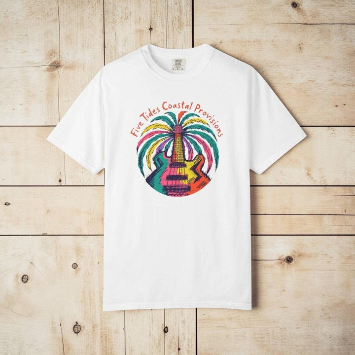 Guitar Palm Tree Graphic Art T‑Shirt - Five Tides Coastal Provisions Beach Vibe Cotton Tee