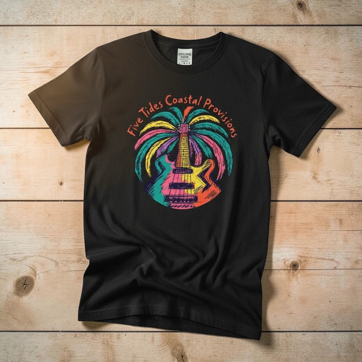 Rainbow Guitar Palm Tree black garment-dyed tee casually tousled on rustic reclaimed wood