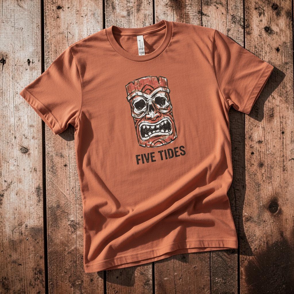 Red Tiki Skull FIVE TIDES surf graphic t-shirt in Terracotta coastal lifestyle product photo