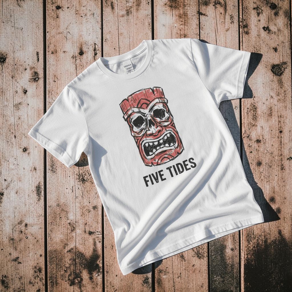 Red Tiki Skull FIVE TIDES surf graphic t-shirt in White coastal lifestyle product photo