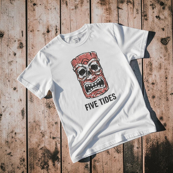 Red Tiki Skull FIVE TIDES surf graphic t-shirt in White coastal lifestyle product photo