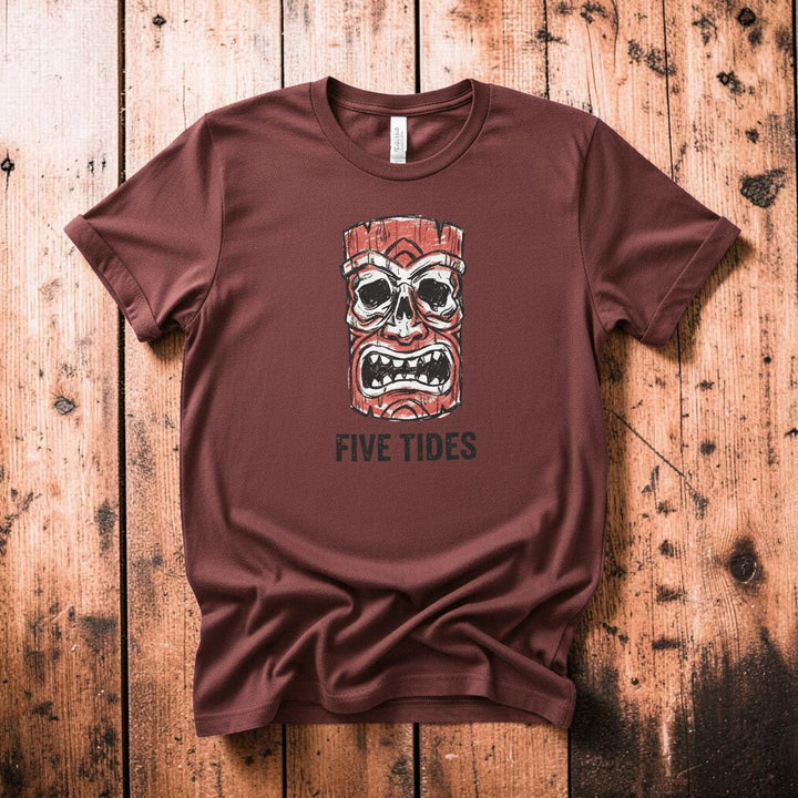 Red Tiki Skull FIVE TIDES surf graphic t-shirt in Brick coastal lifestyle product photo