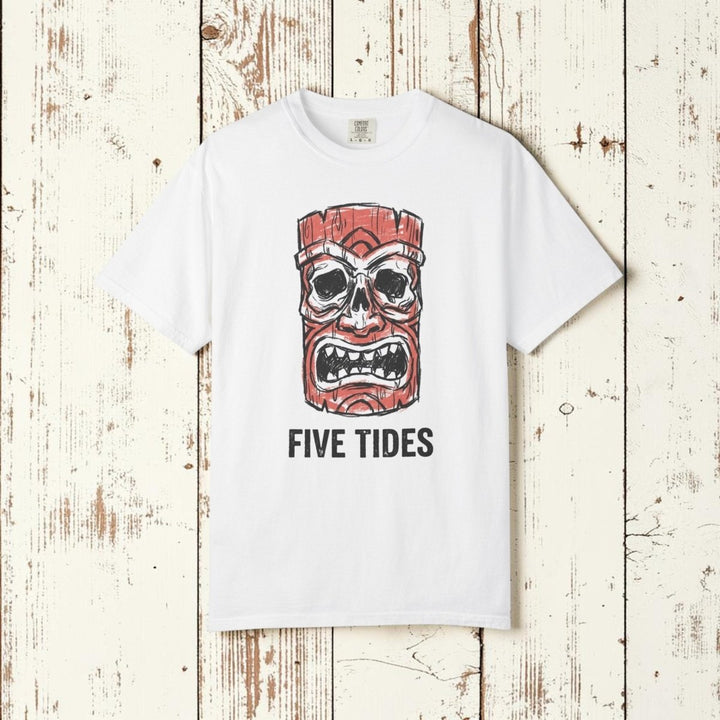 White t-shirt with a red and black graphic design and &
