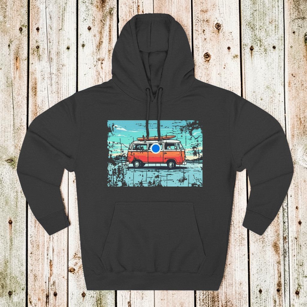 Retro Beach Summer Surf Van Fleece Hoodie black on faded driftwood planks