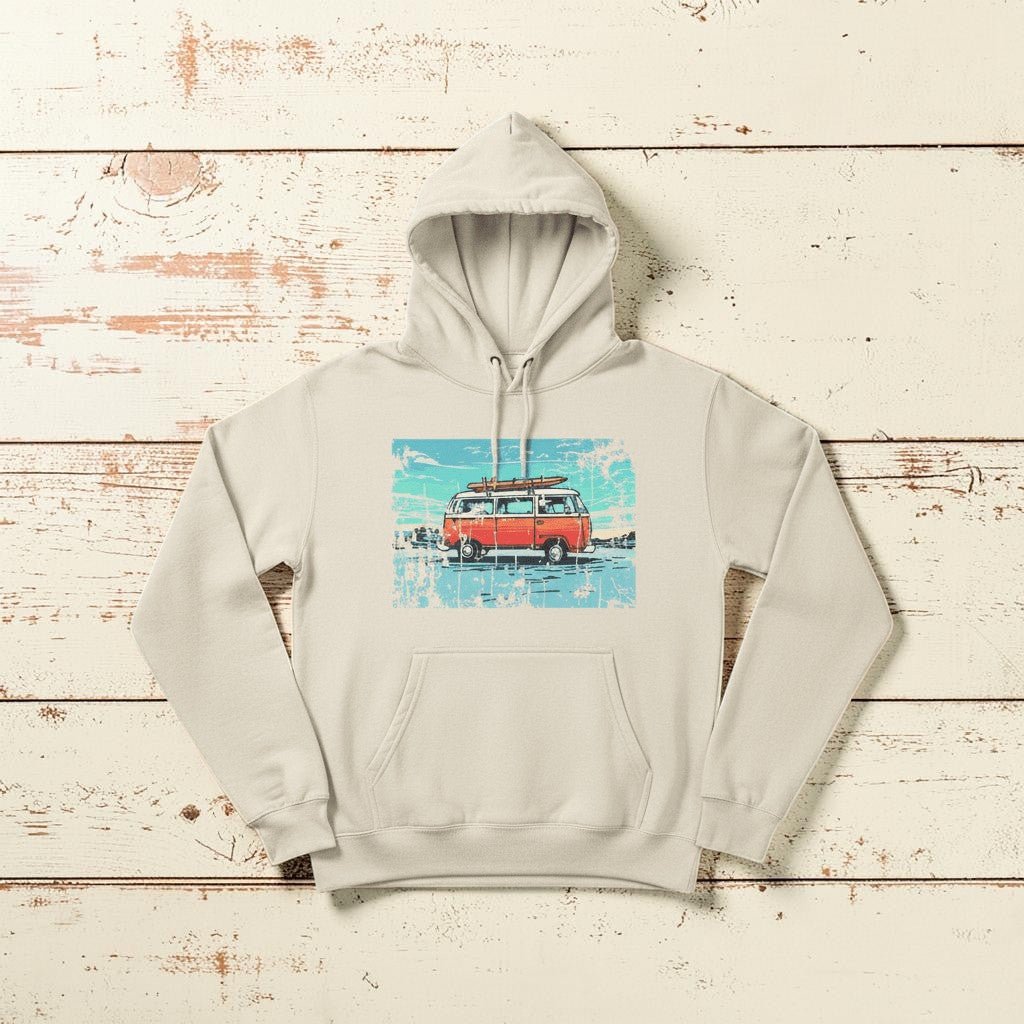Retro Beach Summer Surf Van Fleece Hoodie sandshell on faded driftwood planks
