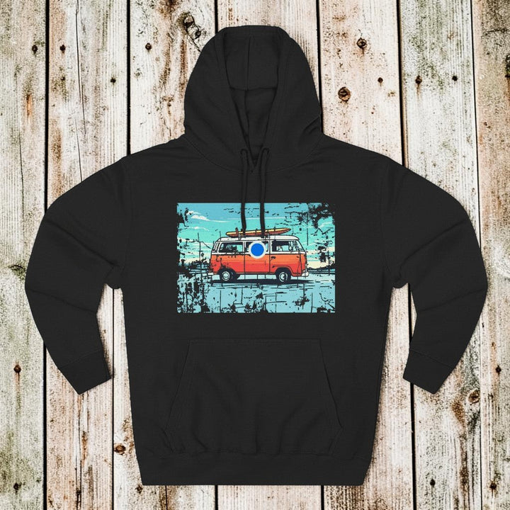 Retro Beach Summer Surf Van Fleece Hoodie charcoal heather on faded driftwood planks