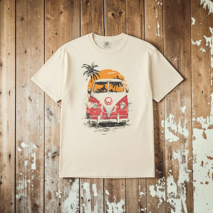 VW Bus Sunset Tee in Ivory/Natural — front graphic, warm sand studio background
