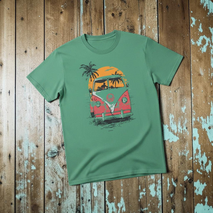 VW Bus Sunset Tee in Island Green — front graphic, warm sand studio background
