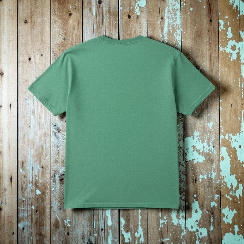 VW Bus Sunset Tee in Island Green — plain back, warm sand studio background