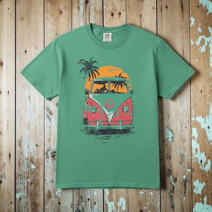 Retro Beach Wagon Cruiser Graphic Tee — Island Green on Colorful Driftwood