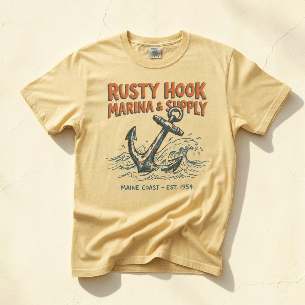 Rusty Hook Marina and Supply vintage anchor graphic t-shirt in Banana yellow casually tossed on a light sand-colored woven rug, coastal lifestyle product photo
