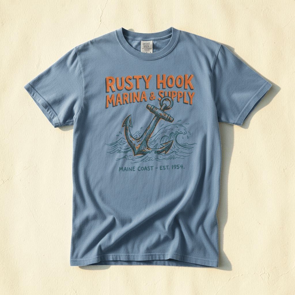 Rusty Hook Marina and Supply vintage anchor graphic t-shirt in Washed Denim faded blue casually tossed on a light sand-colored woven rug, coastal lifestyle product photo