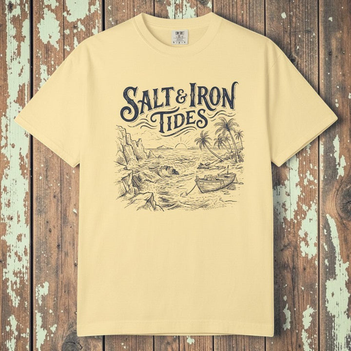 Flat lay - yellow Salt &amp; Iron Tides tee on weathered driftwood planks