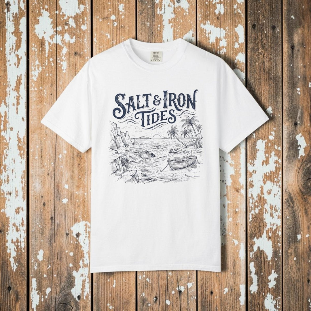 White t-shirt with 'Salt & Iron Tides' graphic design on a white background
