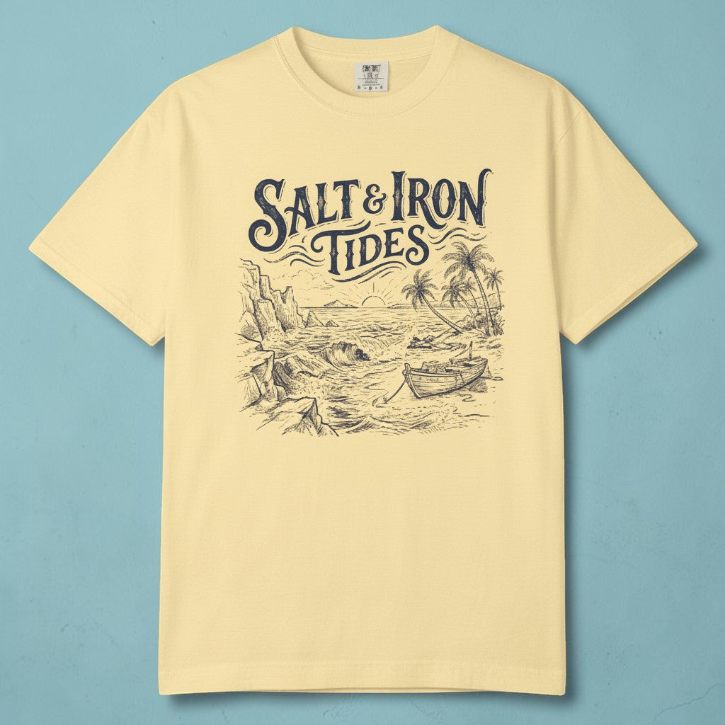 Flat lay - yellow Salt &amp; Iron Tides tee on weathered driftwood planks