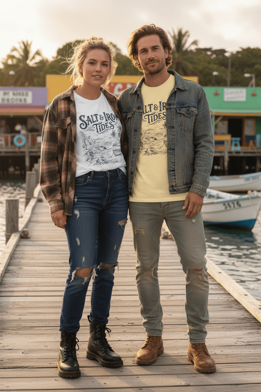 Couple lifestyle - white and yellow Salt & Iron Tides tees on tropical island dock