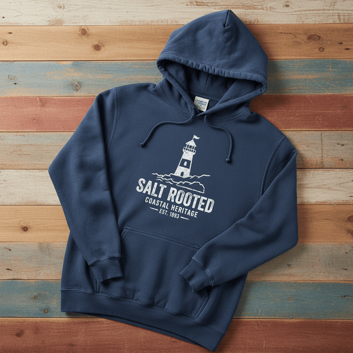 True Navy Salt Rooted lighthouse hoodie flat lay on weathered driftwood planks