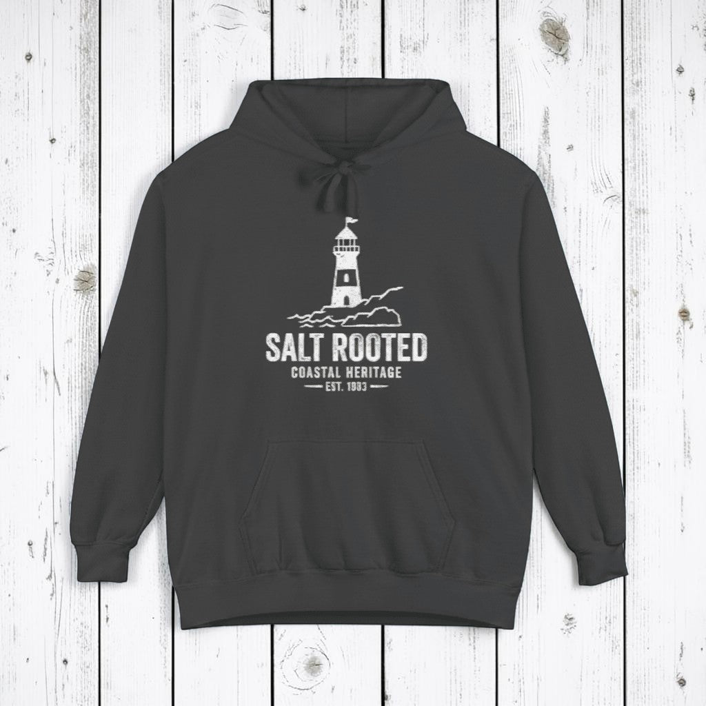 Pepper charcoal Salt Rooted lighthouse hoodie on sandy beige background — mobile product shot