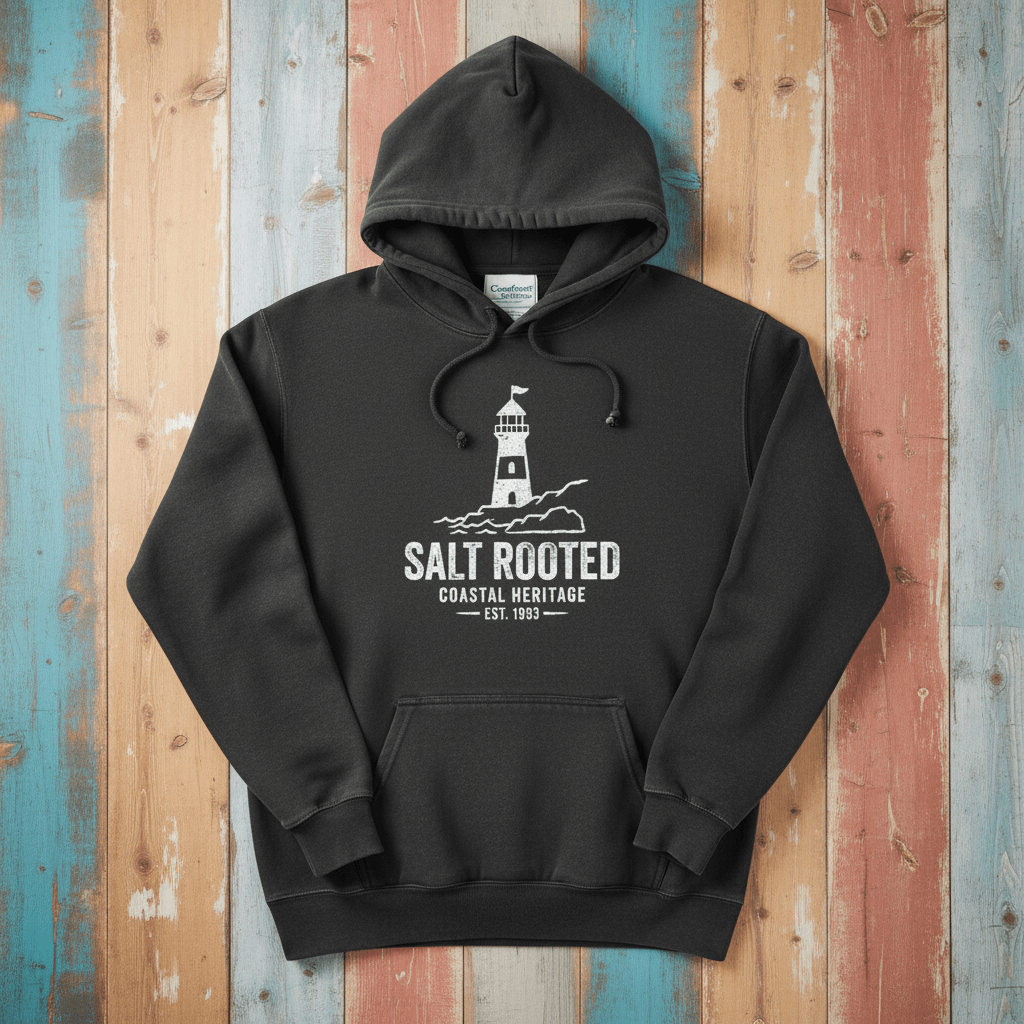 Pepper charcoal Salt Rooted lighthouse hoodie flat lay on weathered driftwood planks