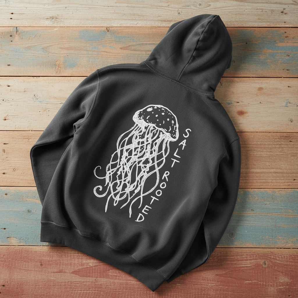 Salt Rooted Jellyfish Hoodie in Pepper Charcoal — back graphic with hand-drawn jellyfish and SALT ROOTED lettering on driftwood