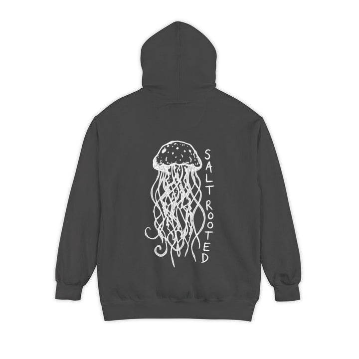 Dark gray hoodie with a dog graphic and text on the back against a white background