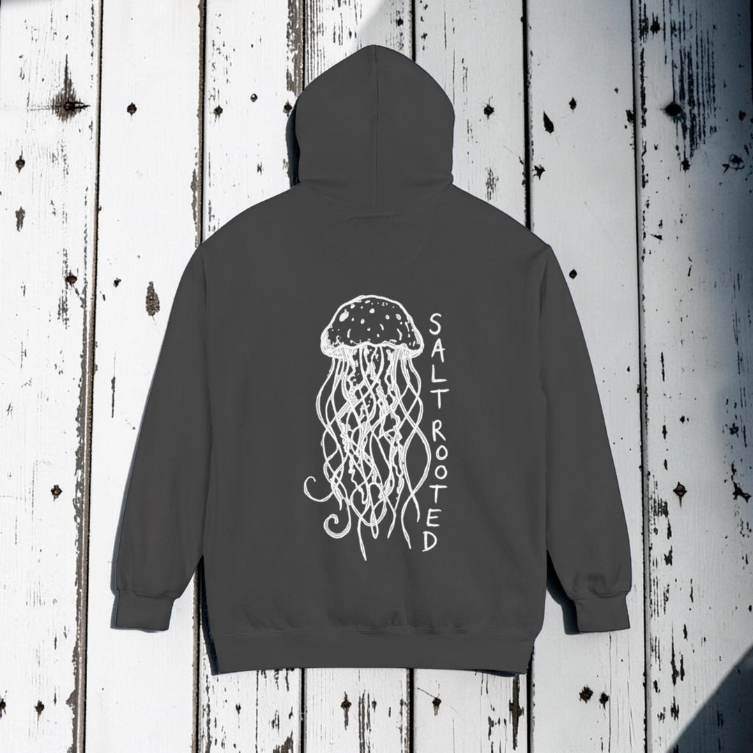 Dark gray hoodie with a dog graphic and text on the back against a white background