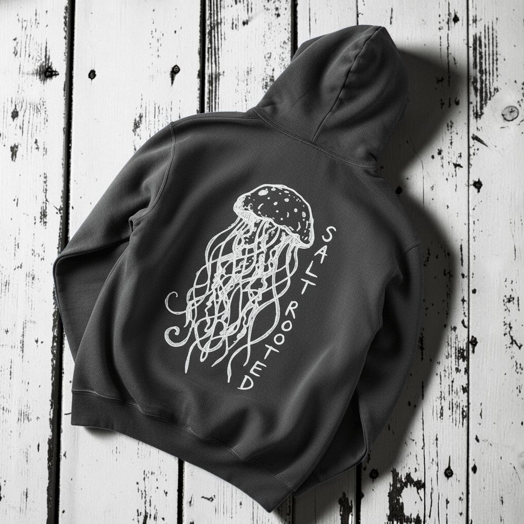 Salt Rooted Jellyfish Hoodie in Pepper Charcoal — back graphic with hand-drawn jellyfish and SALT ROOTED lettering on driftwood